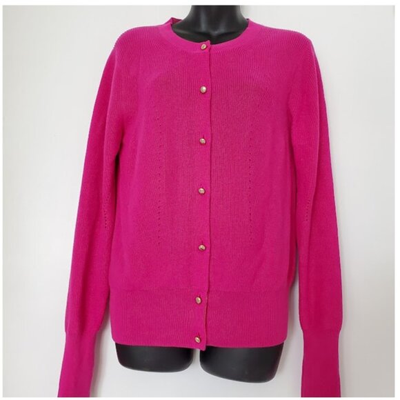 Trina Turk Fuchsia Classic Crewneck Button-Down Sweater Size M Preppy Coquette - Picture 1 of 10
